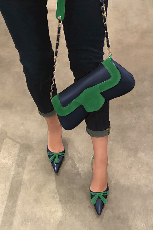 Navy blue and emerald green women's open arch dress pumps. Pointed toe. High slim heel. Worn view - Florence KOOIJMAN